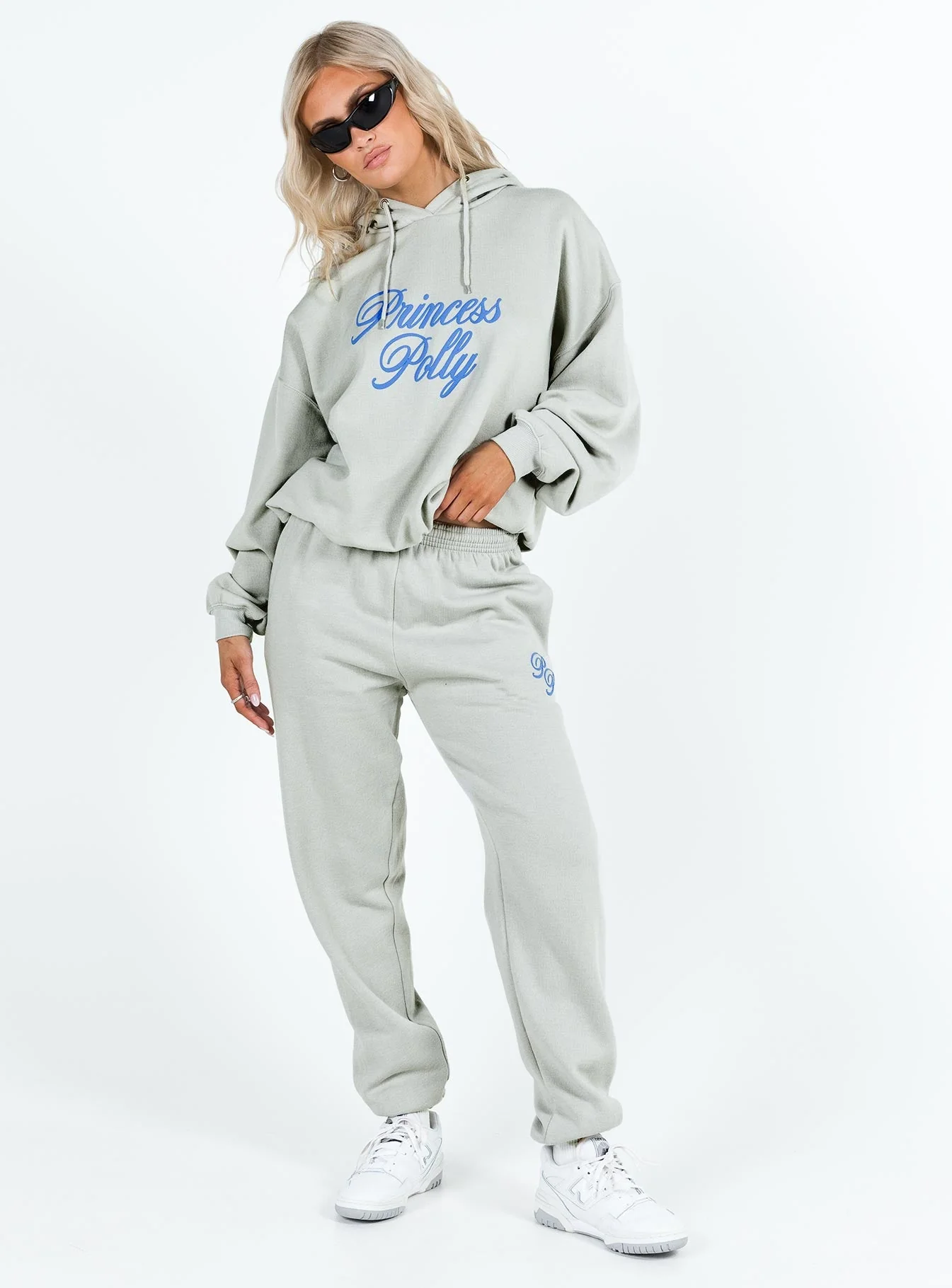 Princess Polly Hooded Sweatshirt Cursive Text Grey / Blue - Image 3