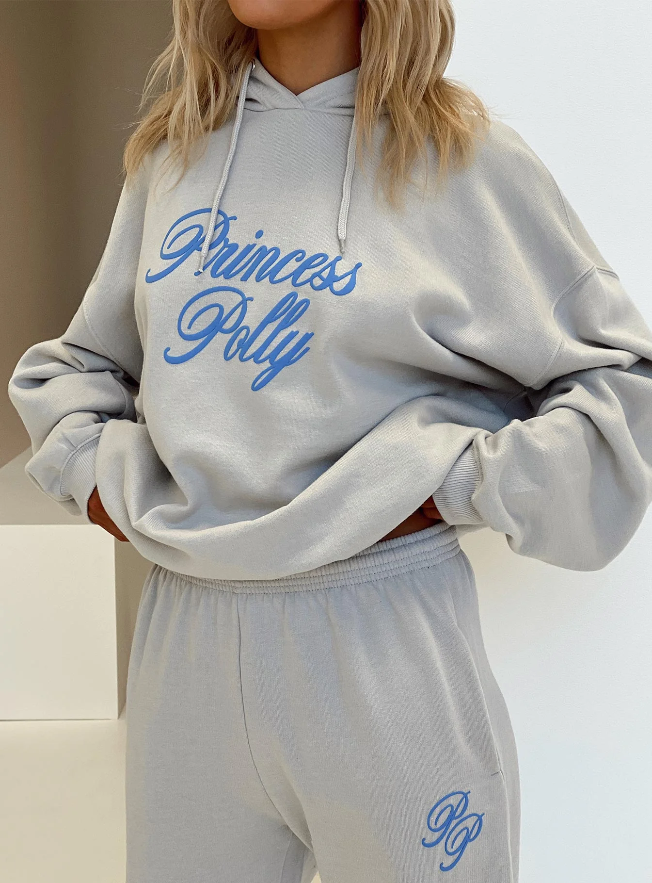 Princess Polly Hooded Sweatshirt Cursive Text Grey / Blue - Image 6