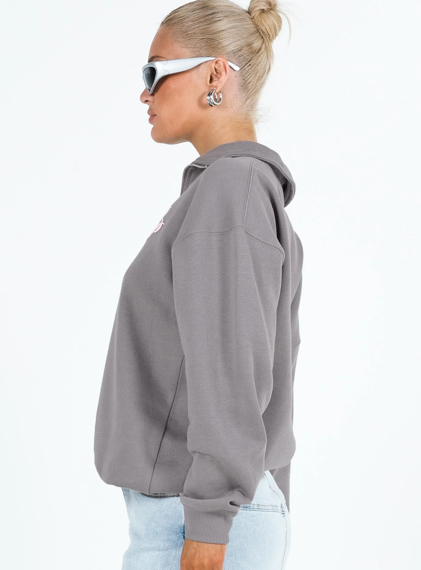 Princess Polly Quarter Zip Sweatshirt Cursive Text Charcoal / Light Pink - Image 4