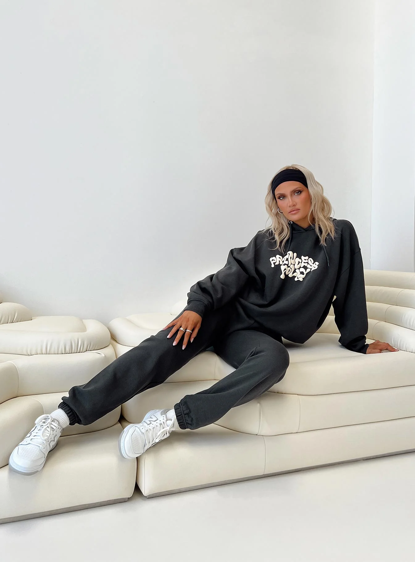 Princess Polly Track Pants Squiggle Text Black Sand / Eggshell - Image 8