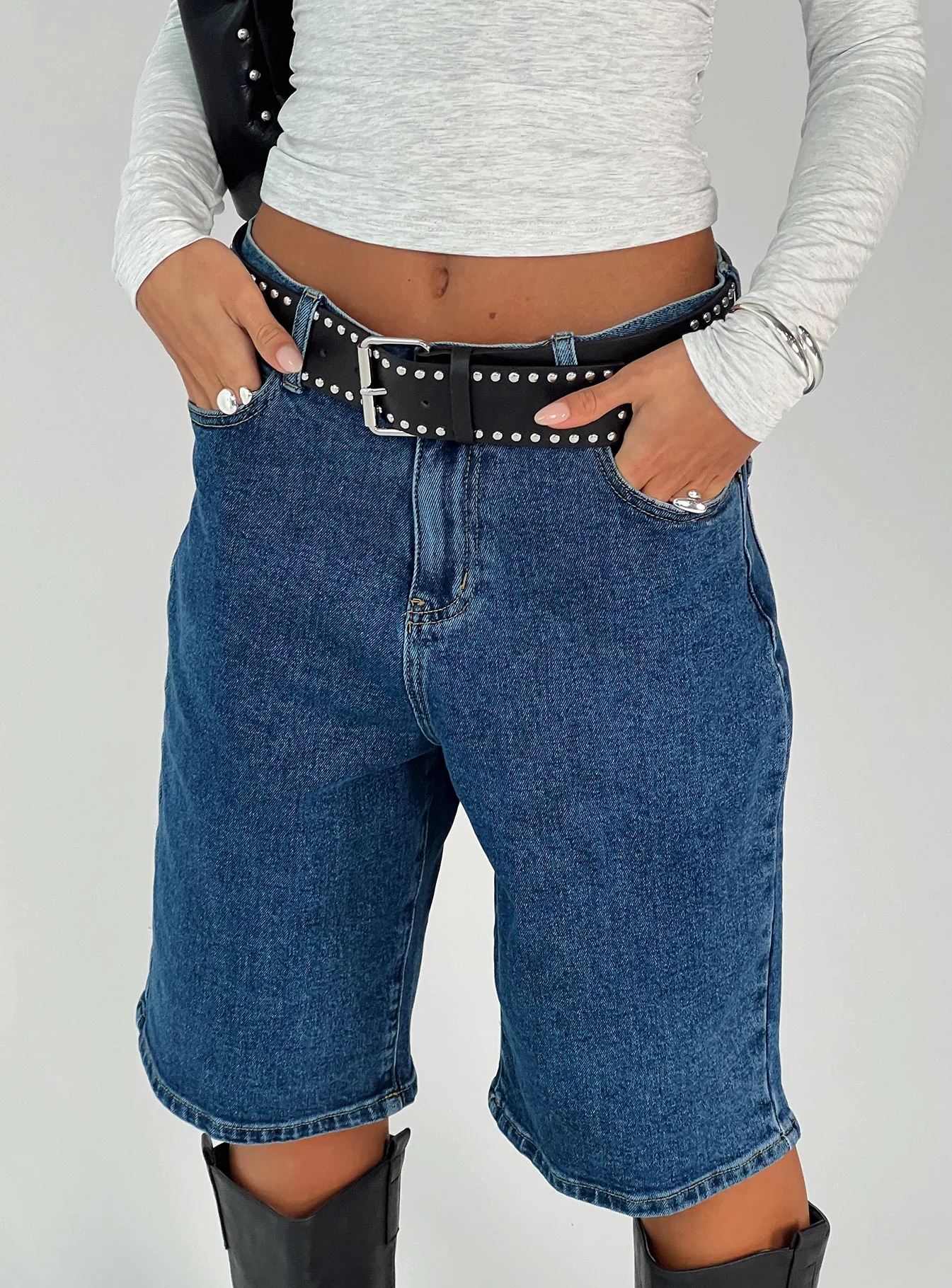 Retro Dream Mid Rise Longline Denim Shorts Mid Wash - Image 10