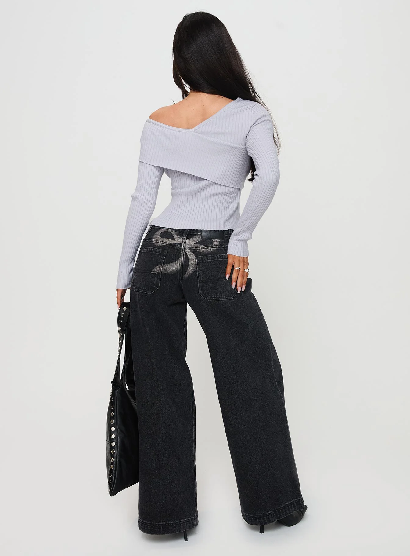Ribbon Stamp Low Rise Wide Leg Jeans Washed Black - Image 5