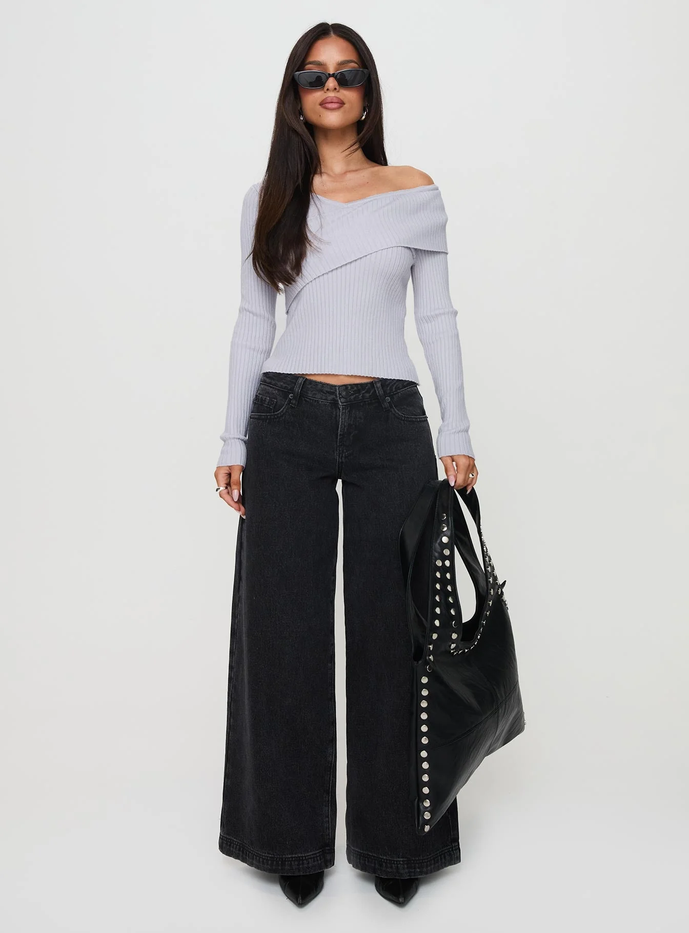 Ribbon Stamp Low Rise Wide Leg Jeans Washed Black - Image 7