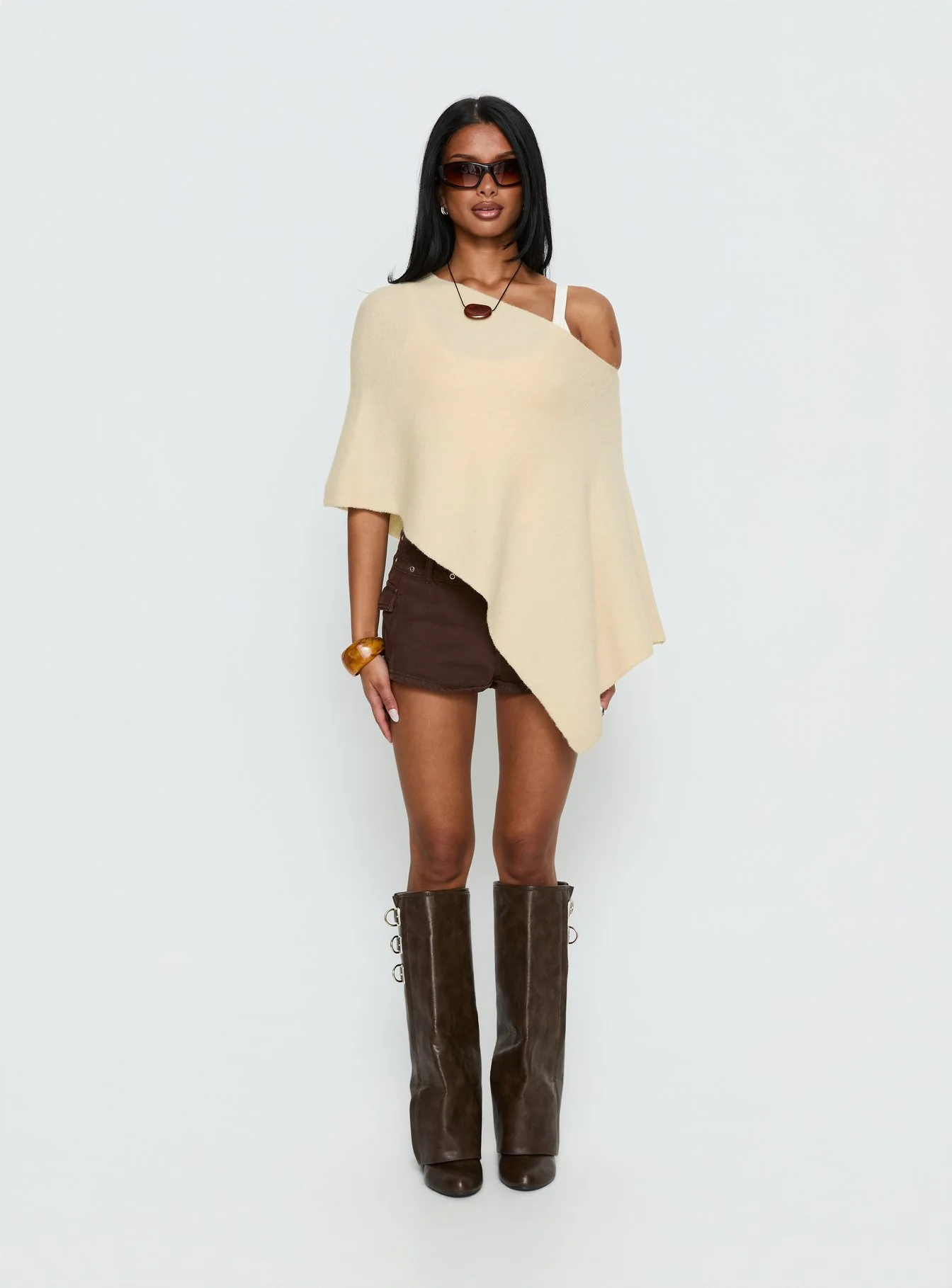 Rouse Off Shoulder Heavy Knit Poncho Cream - Image 7
