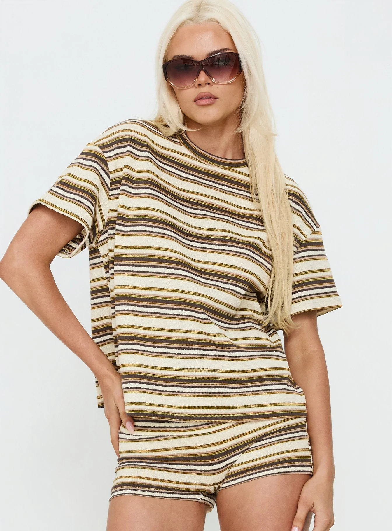 Rubez Terry Towelling Boxy Top Brown Stripe - Image 2