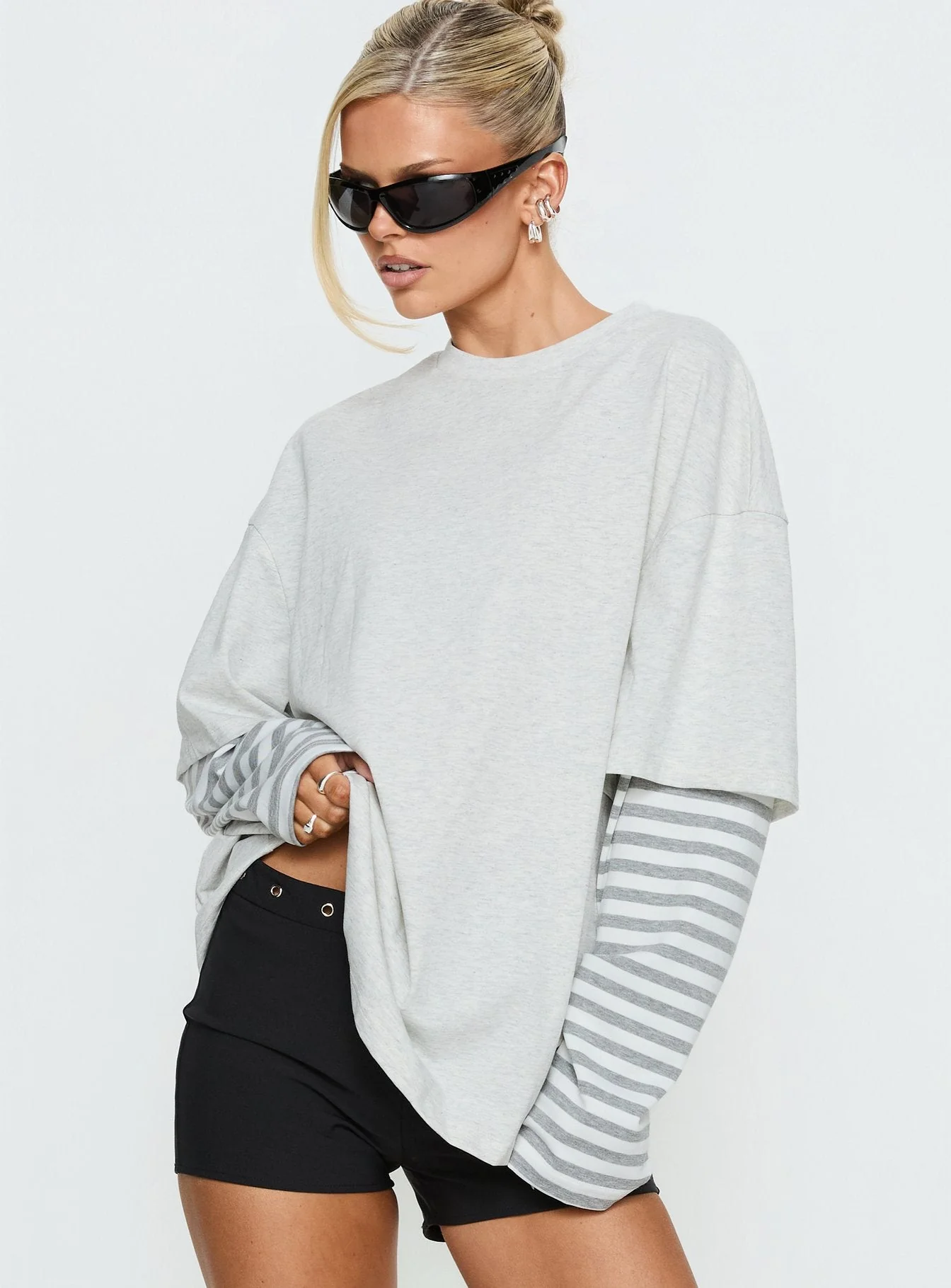 Ryann Long Sleeve Layered Top Grey / White Stripe - Image 2
