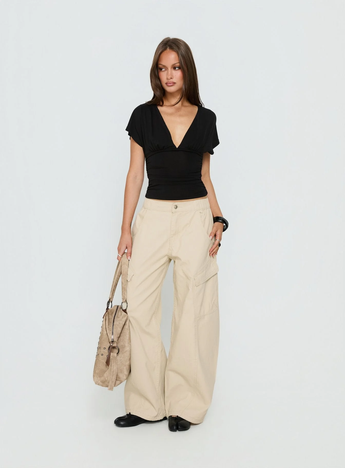 Selective Memory Low Rise Wide Leg Cargo Pants Cream - Image 3