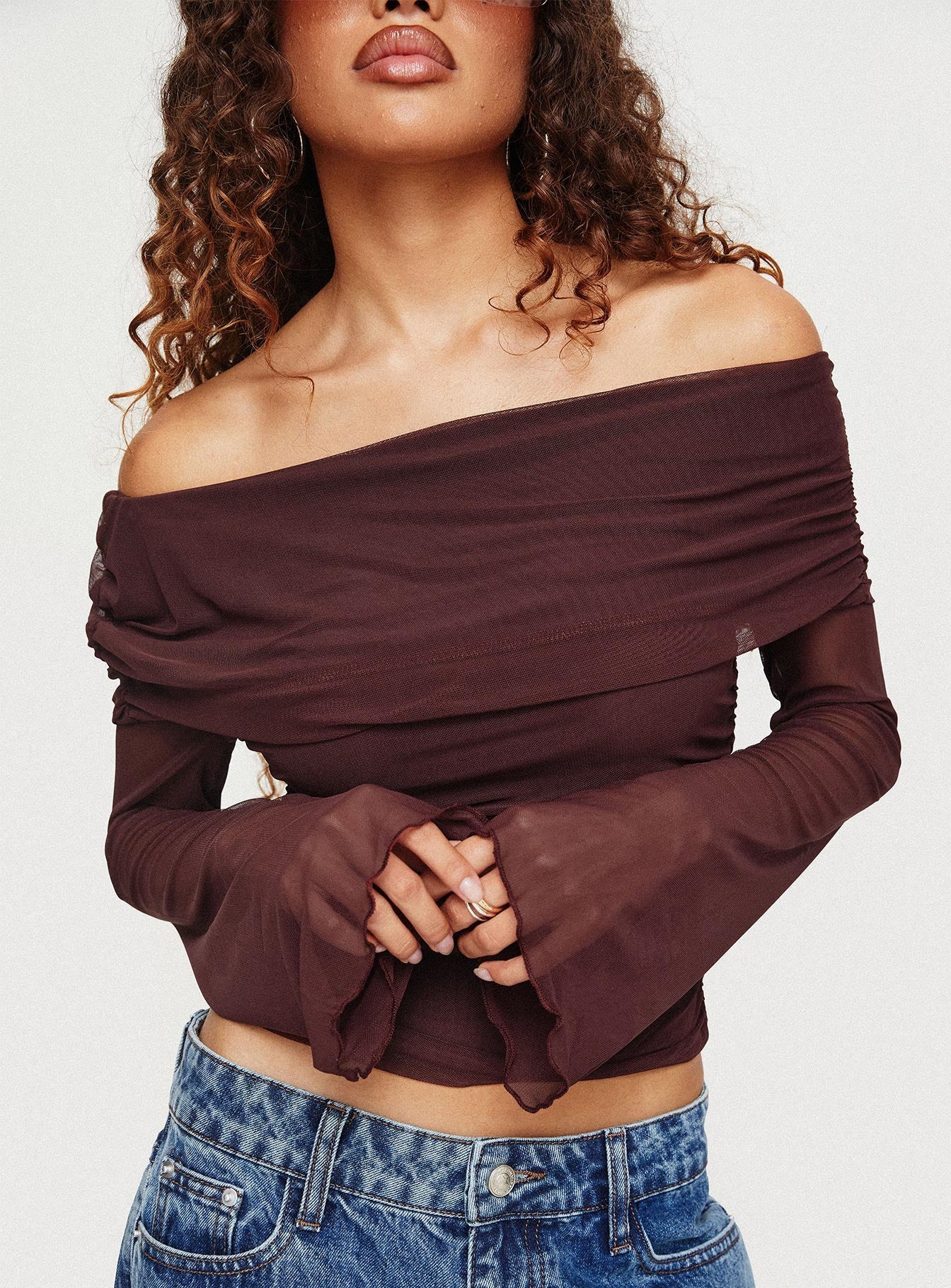 Serenah Mesh Off The Shoulder Top Brown - Image 8