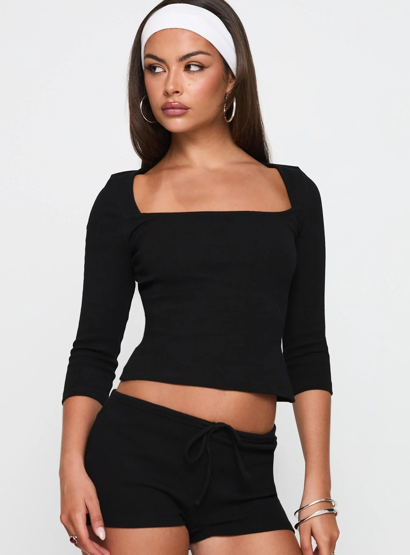 So American Rib 3/4 Sleeve Top Black - Image 2