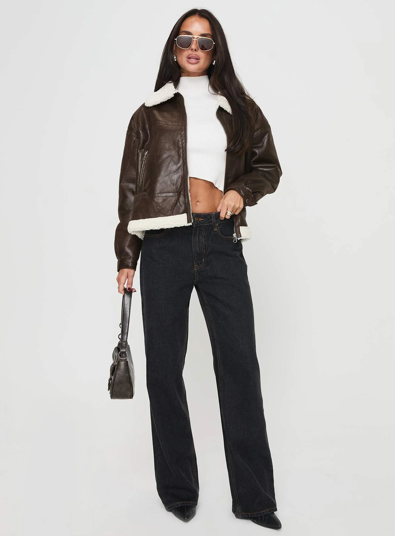 Solara Faux Leather Shearling Jacket Chocolate - Image 3