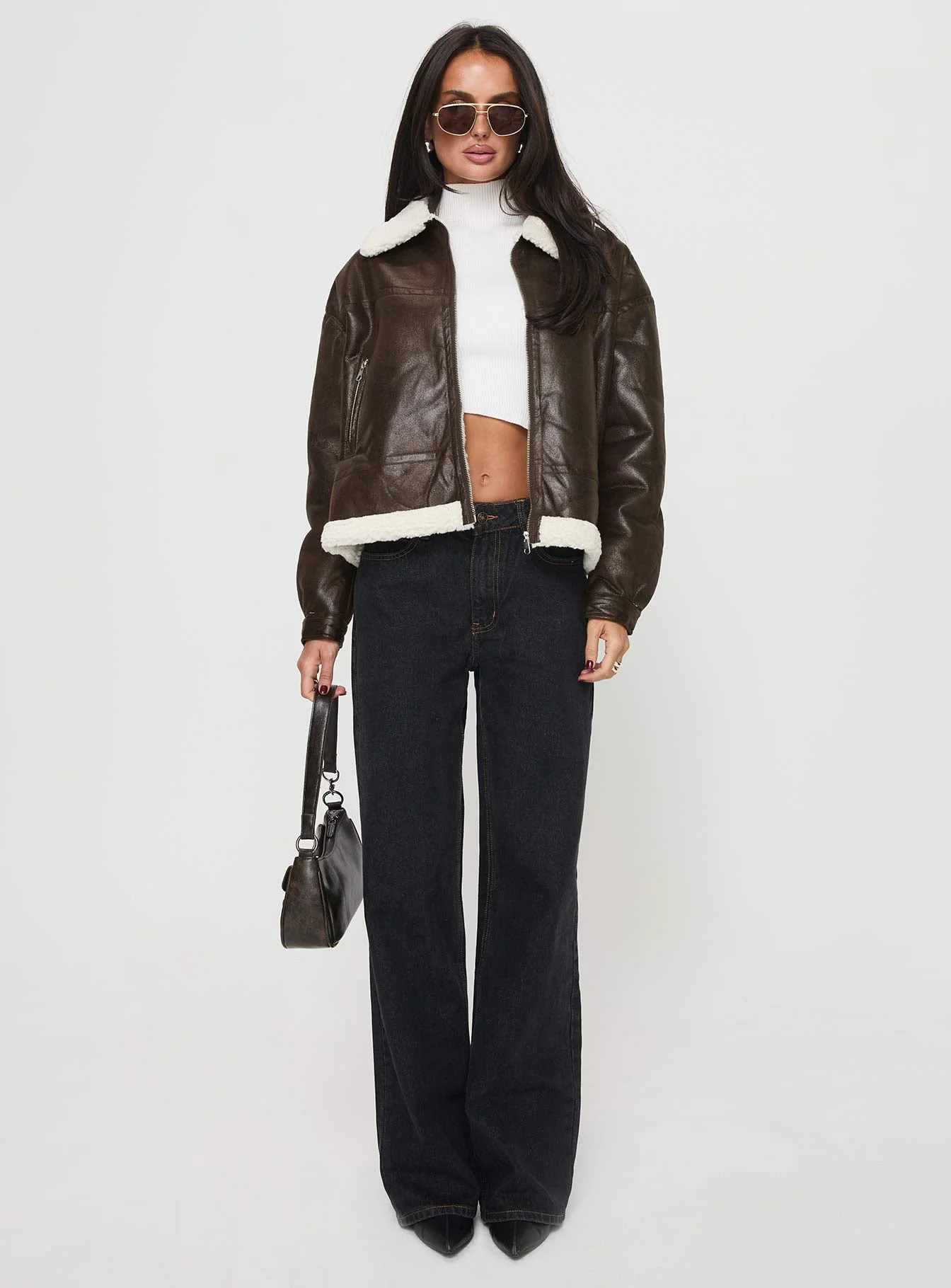 Solara Faux Leather Shearling Jacket Chocolate - Image 7