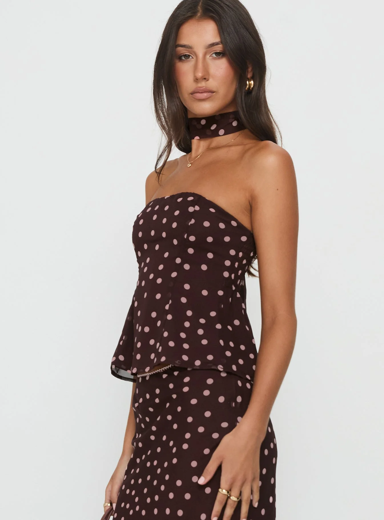 Sydni Scarf Detail Strapless Top Chocolate / Pink Polka Dot - Image 4