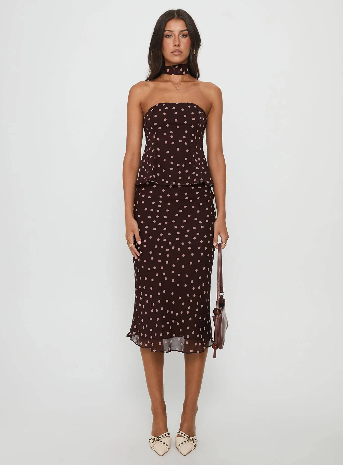 Sydni Scarf Detail Strapless Top Chocolate / Pink Polka Dot - Image 7