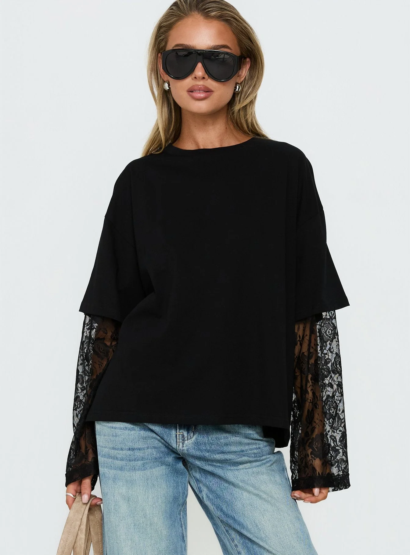 Valenciah Lace Layered Long Sleeve T-Shirt Black - Image 2