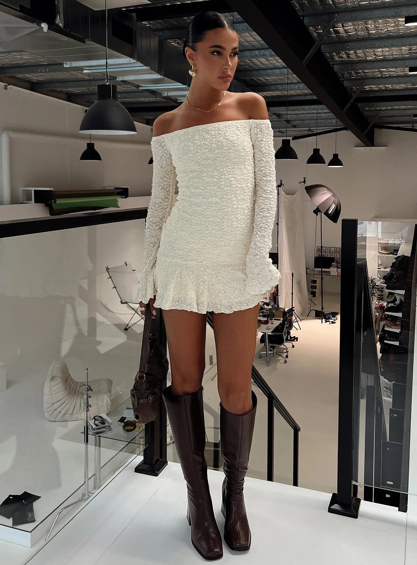 Vancesca Off Shoulder Long Sleeve Mini Dress Cream - Image 8
