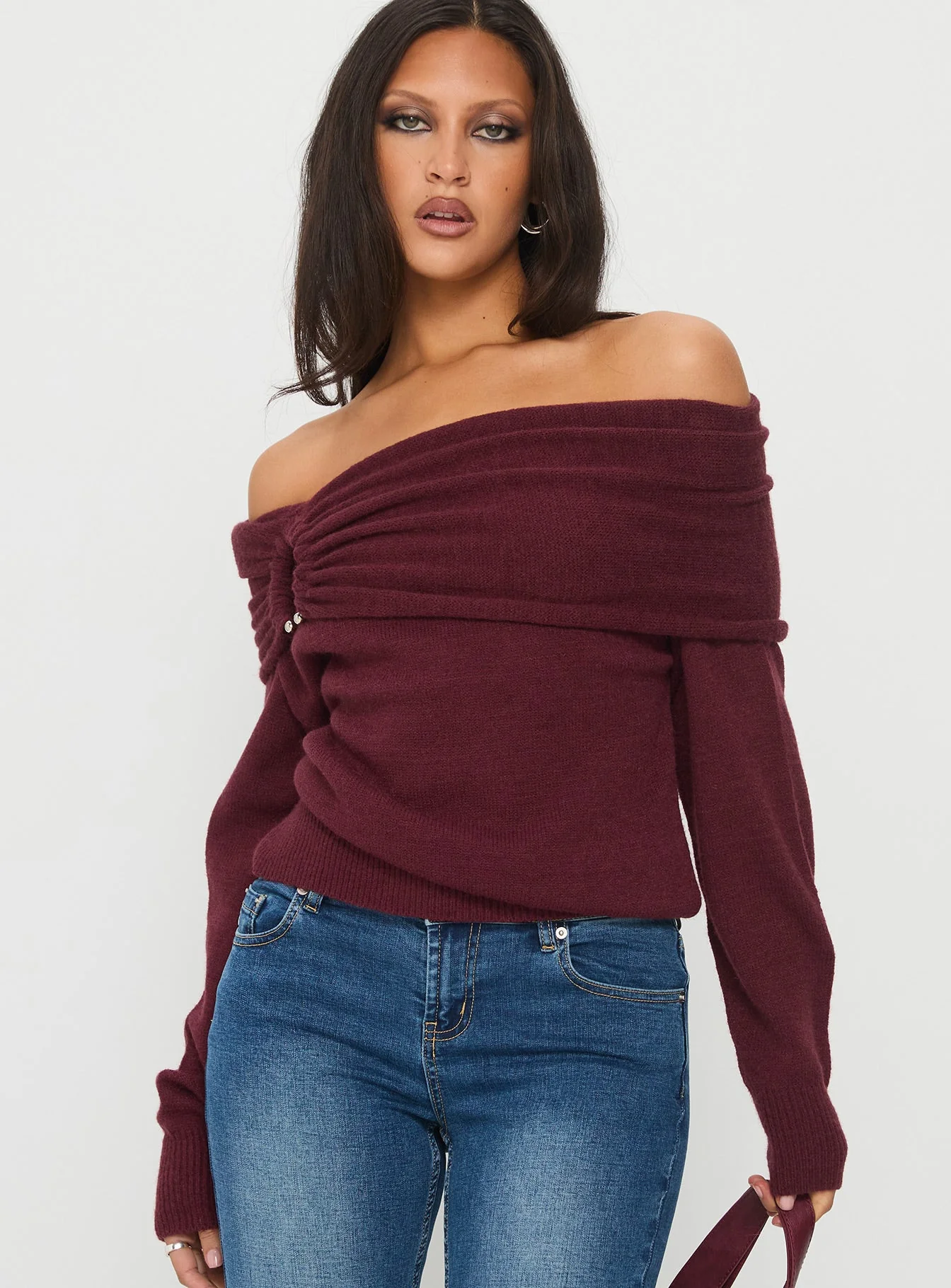 Viora Off Shoulder Knit Sweater Wine - Image 2