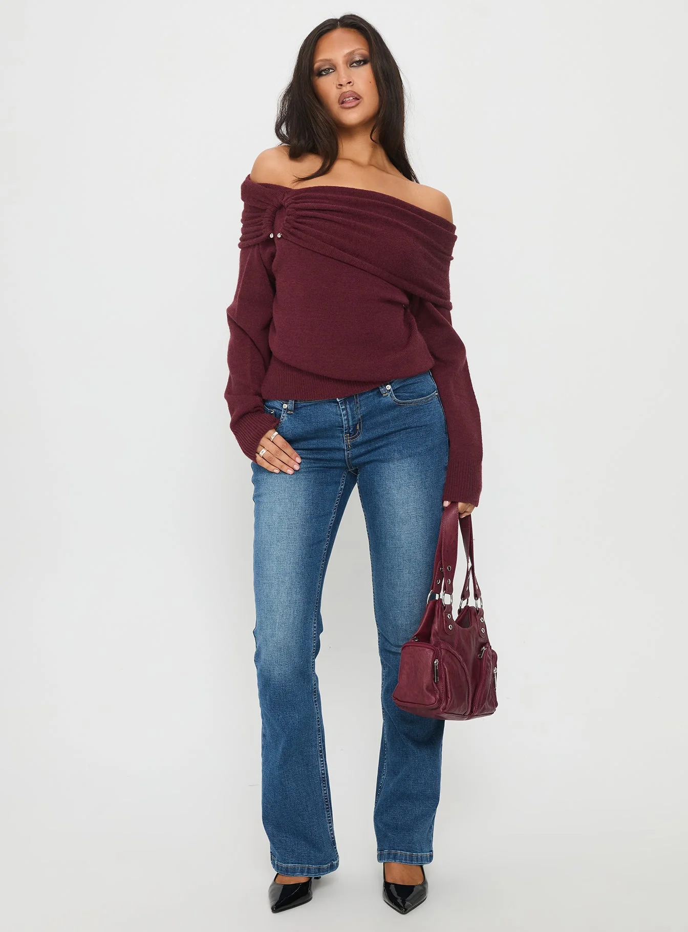 Viora Off Shoulder Knit Sweater Wine - Image 3