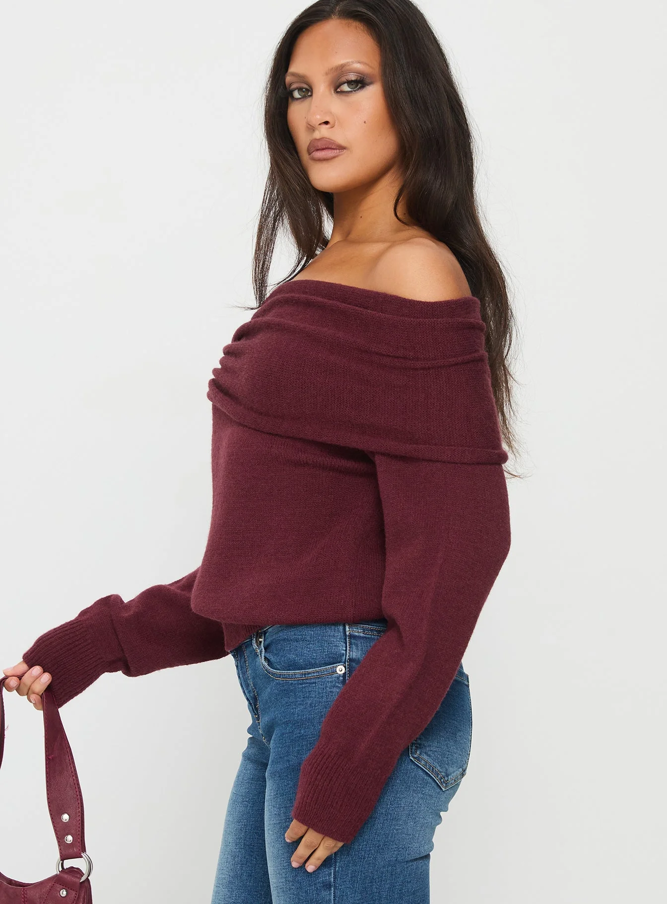 Viora Off Shoulder Knit Sweater Wine - Image 4