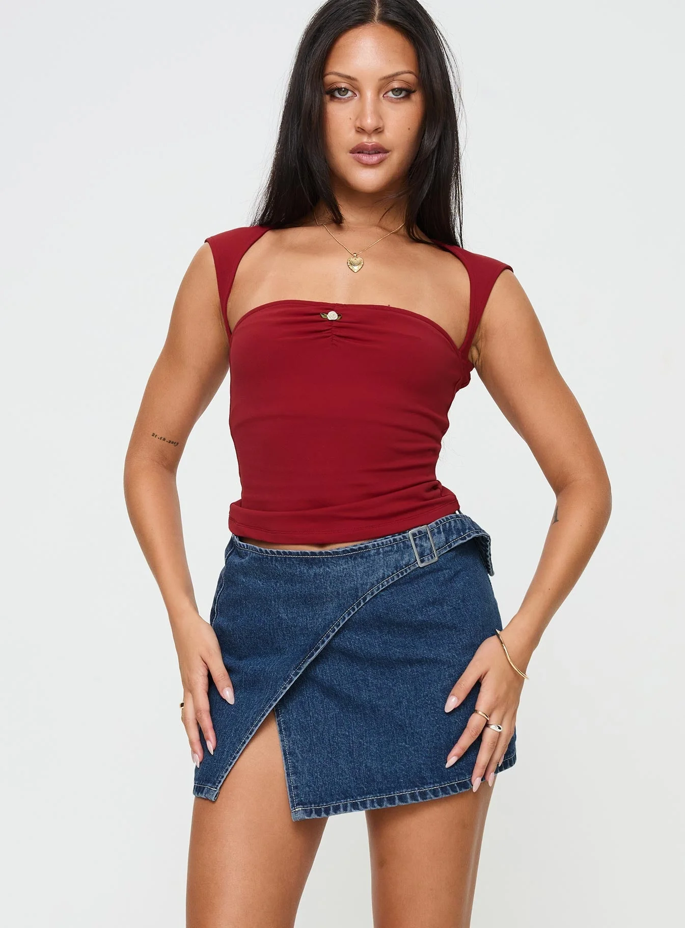 Wait Up Denim Wrap Mini Skirt Mid Wash Tall - Image 2