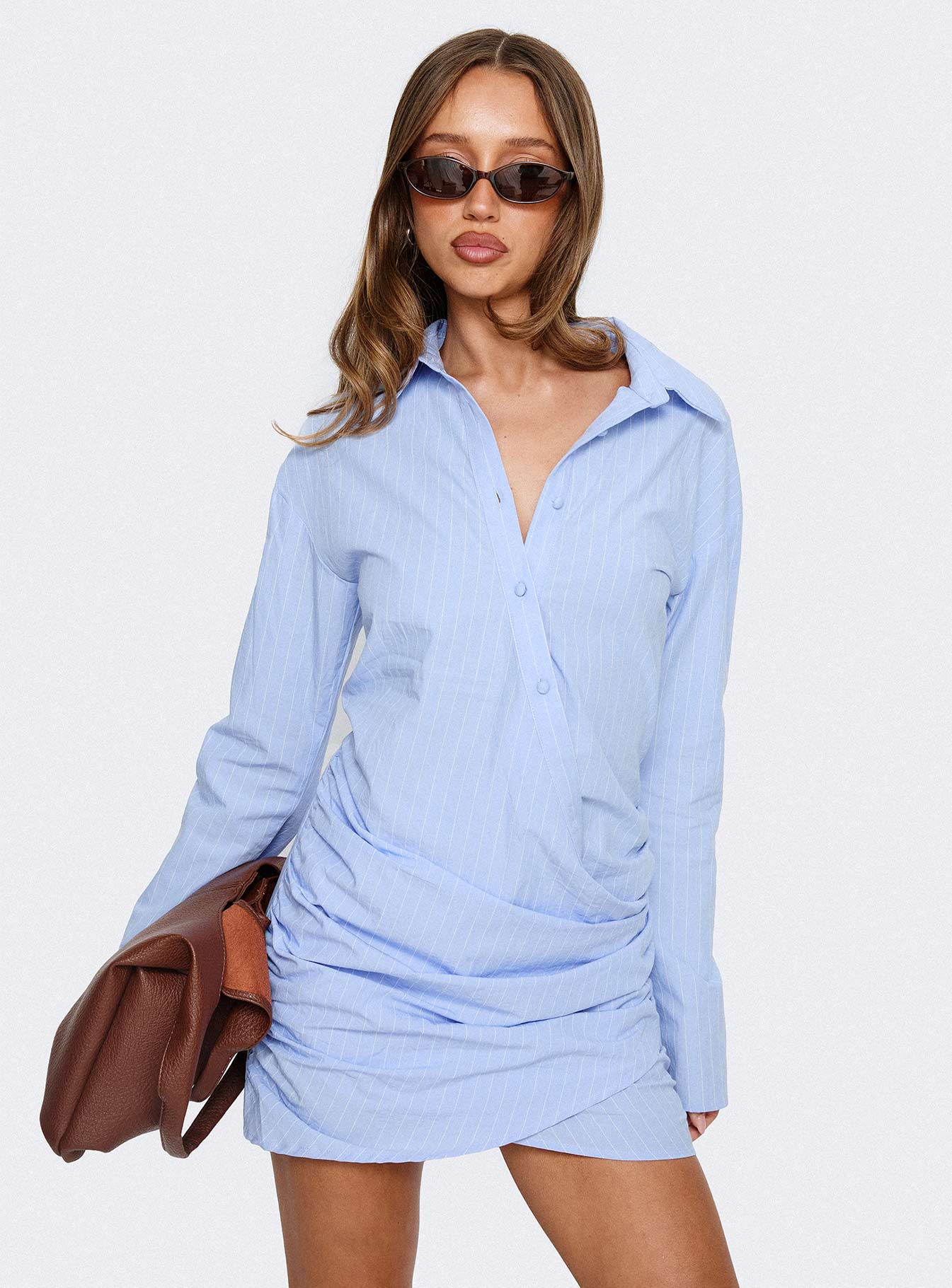 Well Versed Long Sleeve Ruched Shirt Mini Dress Blue - Image 8