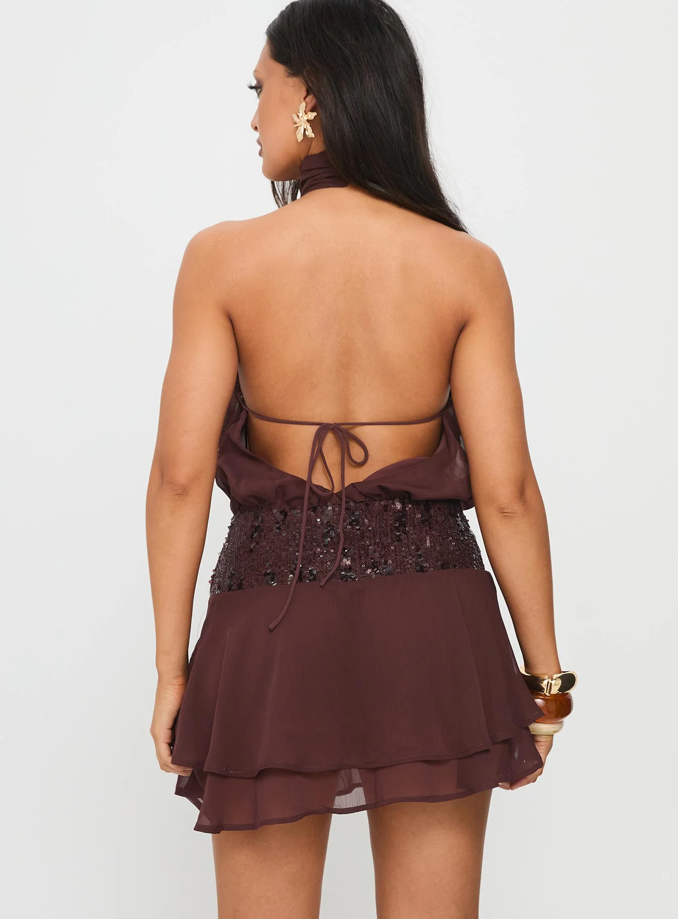 Zenayda Drop Waist Sequin Mini Dress Brown - Image 5