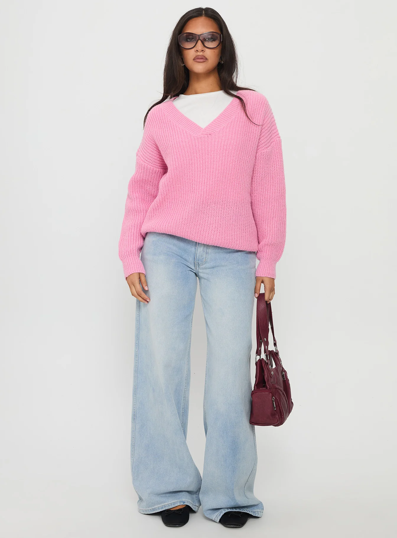 Zoea V Neck Knit Sweater Pink - Image 3